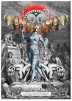 A tarot-style illustration labeled 'Queen of Swords' showing a central female figure in a silver-blue armored bodysuit holding a sword, surrounded by grayscale figures, skulls, and a red glowing circular emblem at the top.