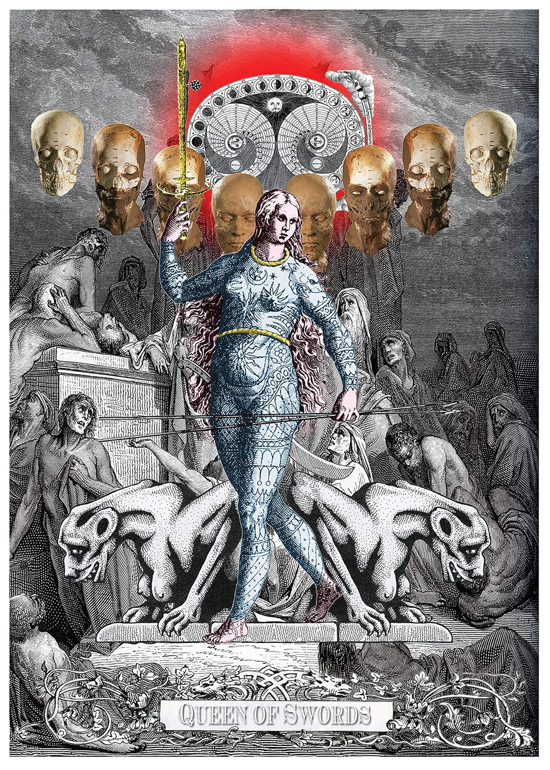 A tarot-style illustration labeled 'Queen of Swords' showing a central female figure in a silver-blue armored bodysuit holding a sword, surrounded by grayscale figures, skulls, and a red glowing circular emblem at the top.