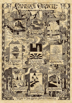 Decorative map titled 'Camelot Oracle' with various locations and illustrations on a beige background.