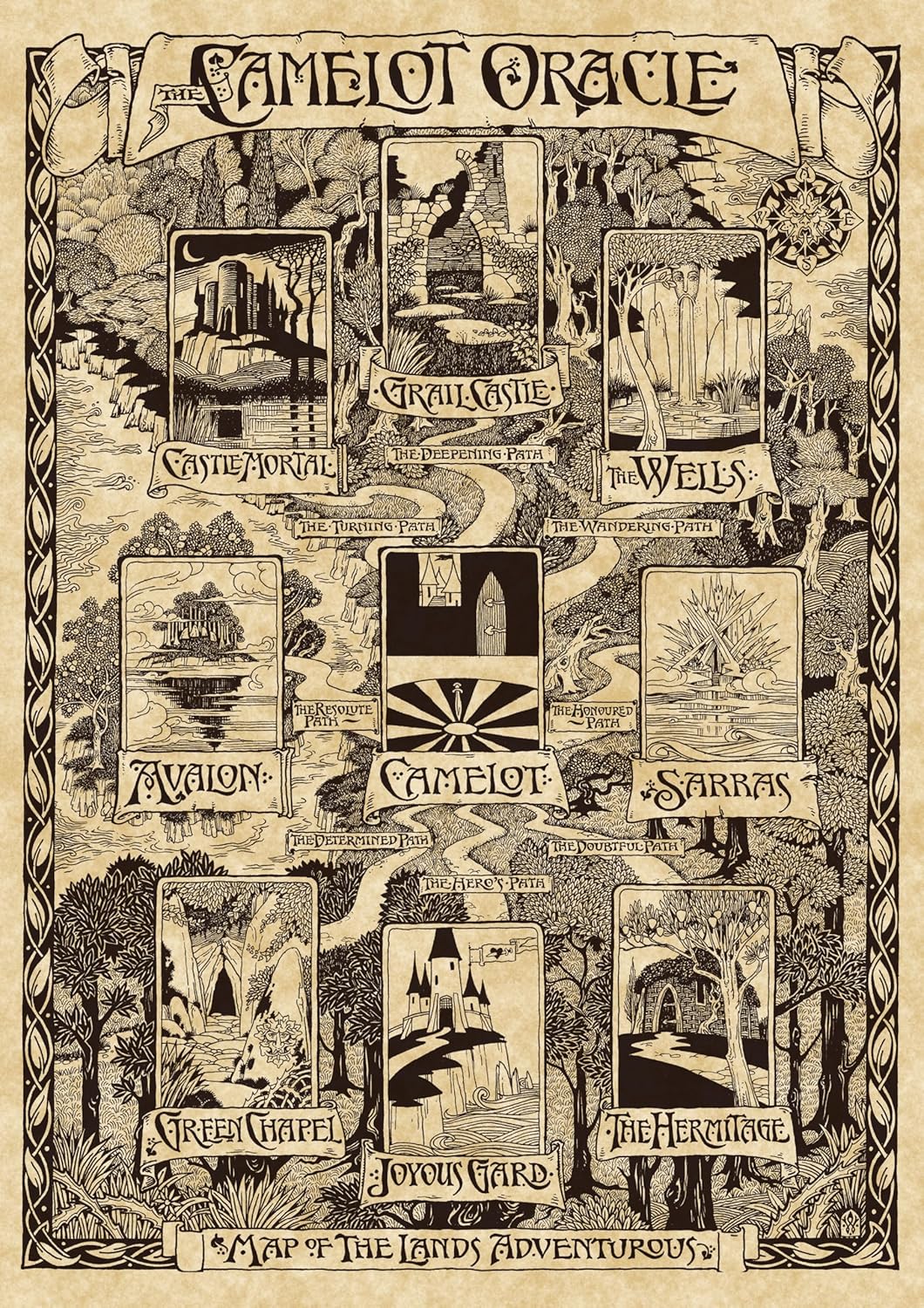 Decorative map titled 'Camelot Oracle' with various locations and illustrations on a beige background.