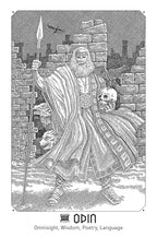 Illustration of Odin standing in front of a stone wall, holding a spear and a skull, with 'Odin' and his attributes below.
