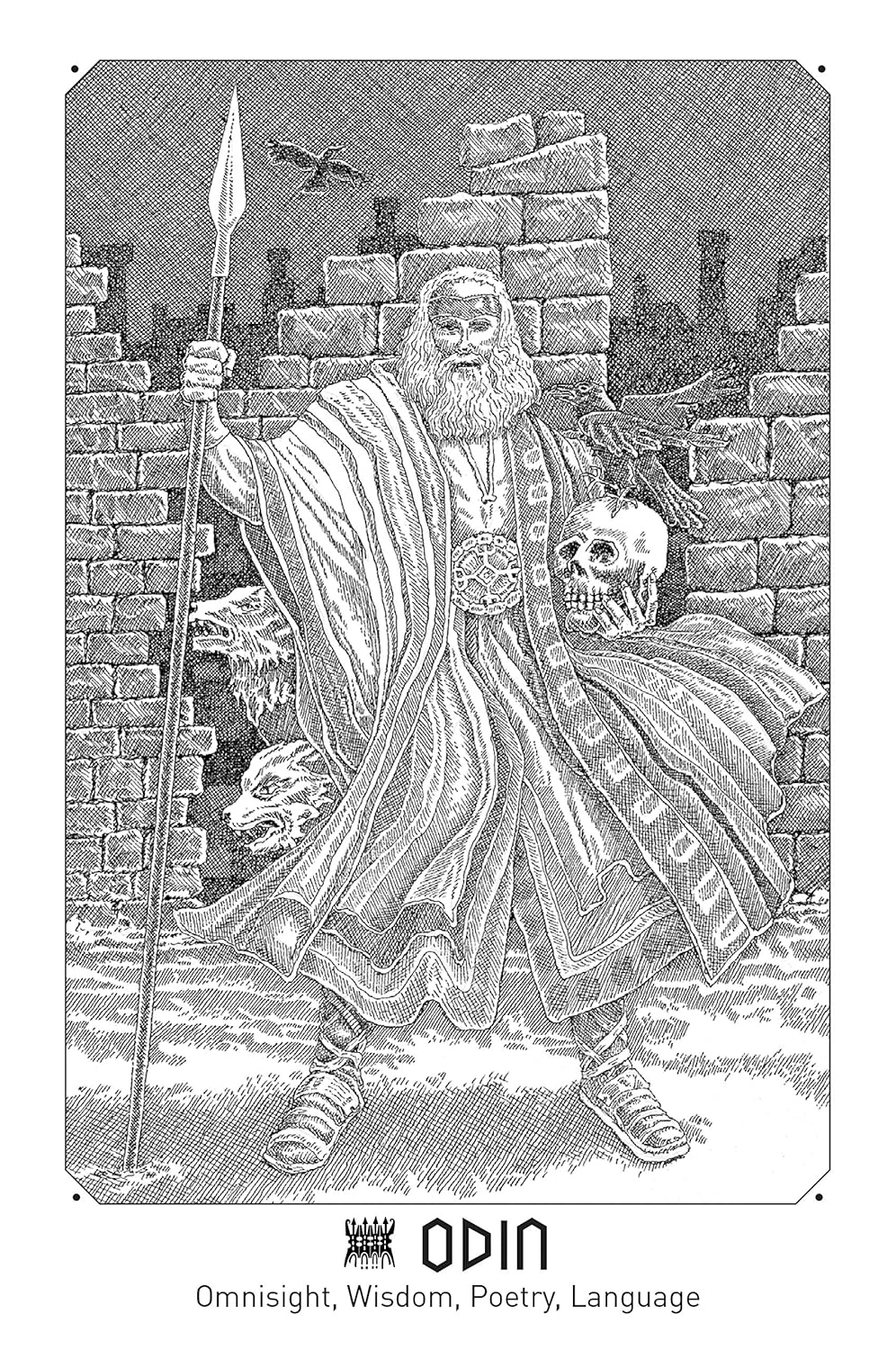 Illustration of Odin standing in front of a stone wall, holding a spear and a skull, with 'Odin' and his attributes below.
