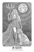 Tarot card featuring a figure with a trident and a dog, under a moonlit sky.