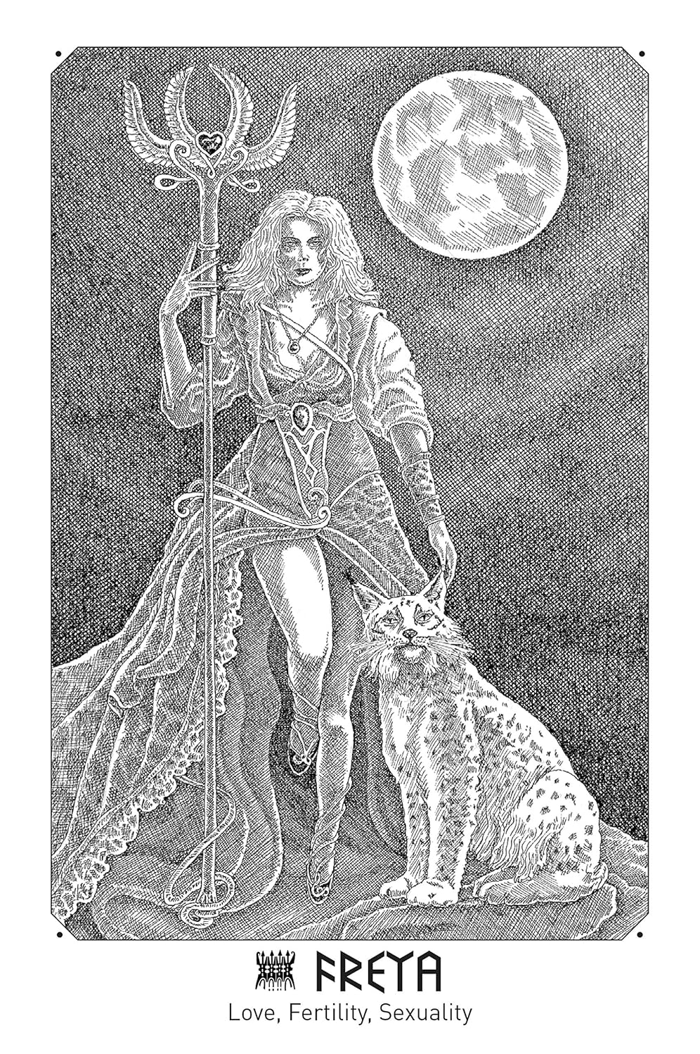 Tarot card featuring a figure with a trident and a dog, under a moonlit sky.