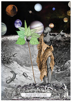 A surreal tarot-style artwork labeled 'Page of Wands' showing a pale figure in animal skins standing on a rocky landscape, holding a green leafy staff, with planets and small creatures in a black space background.