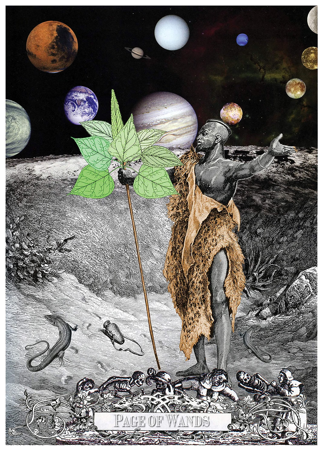 A surreal tarot-style artwork labeled 'Page of Wands' showing a pale figure in animal skins standing on a rocky landscape, holding a green leafy staff, with planets and small creatures in a black space background.