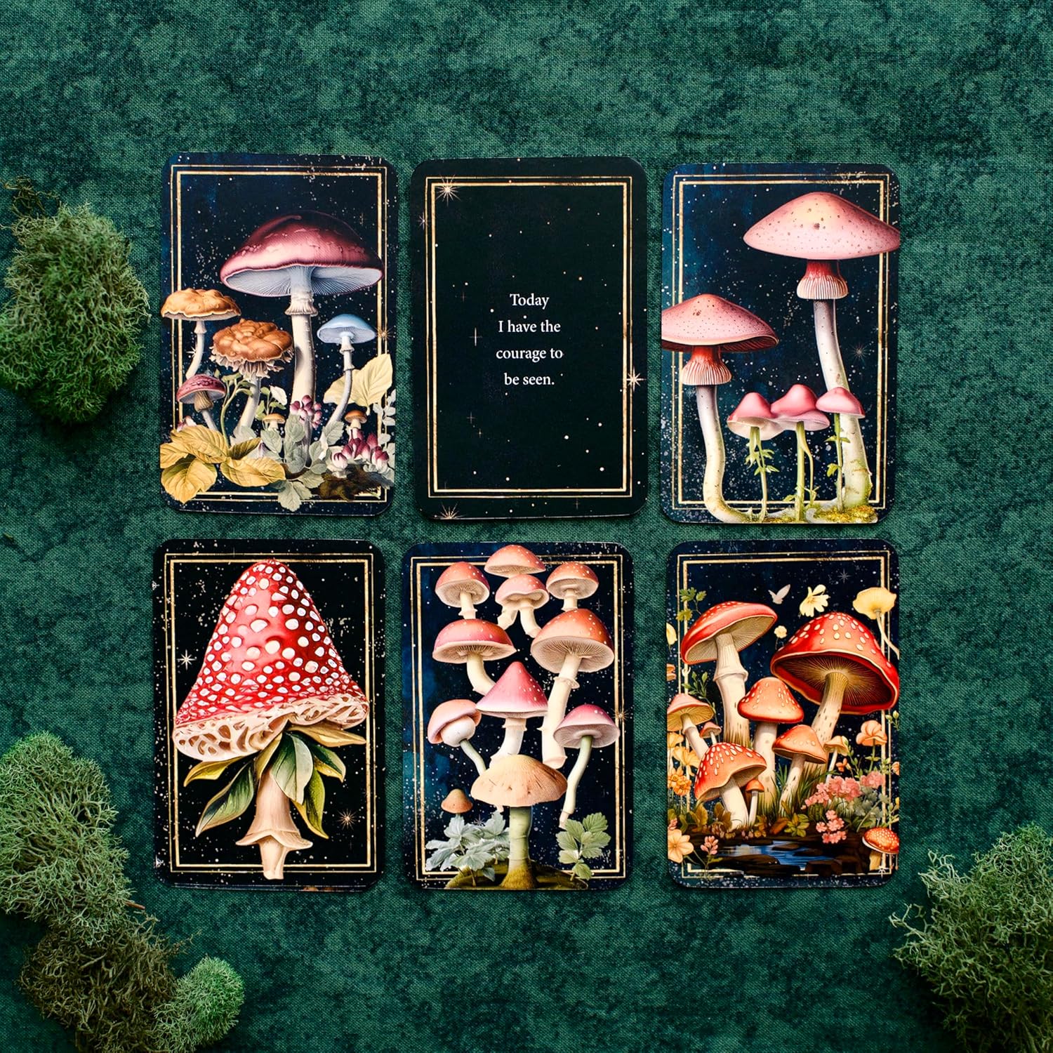 Set of six mushroom-themed cards on a green textured background