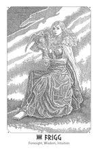 Illustration of a woman holding an owl with 'Frigg' at the bottom, on a striped background.