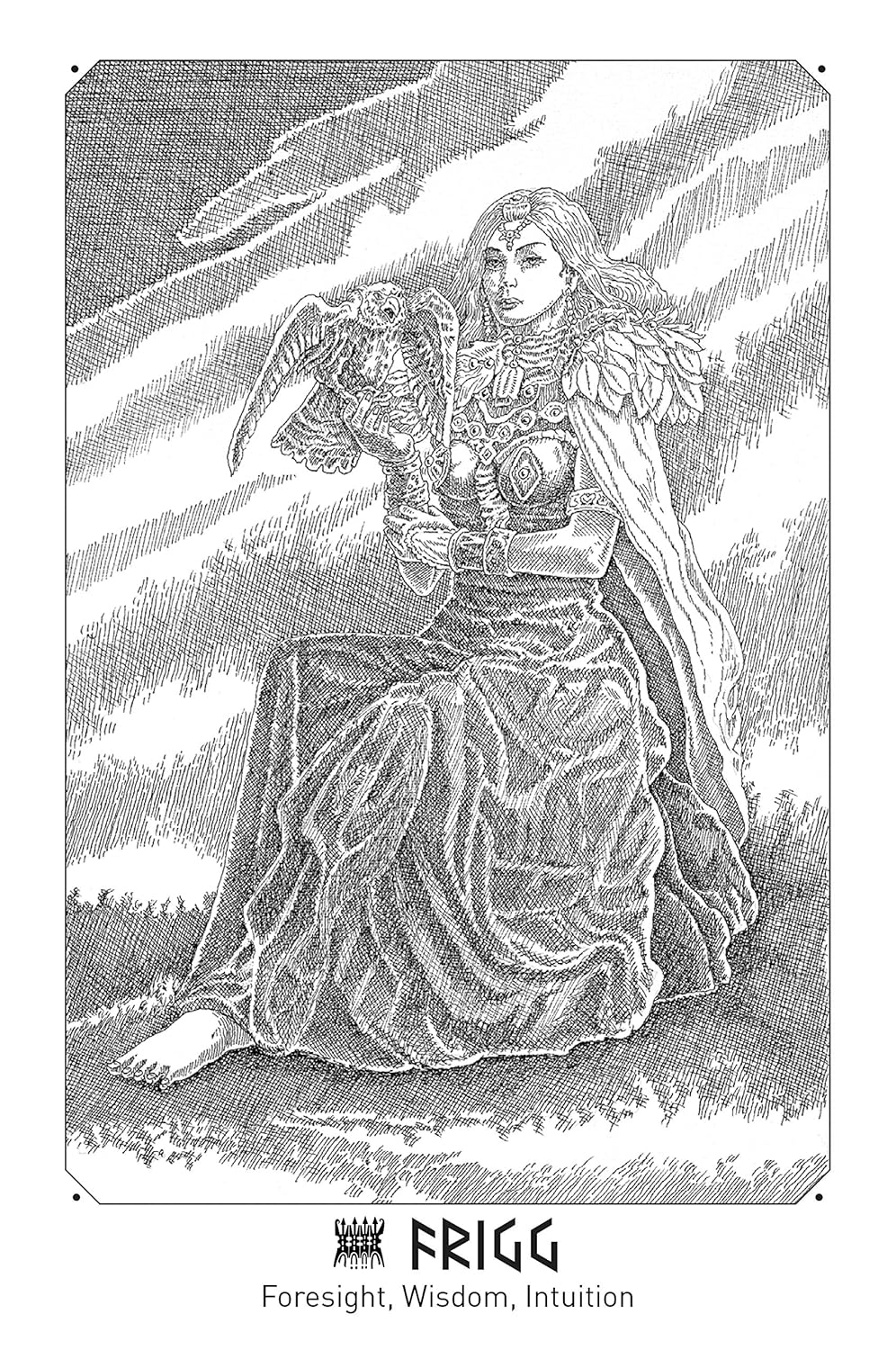 Illustration of a woman holding an owl with 'Frigg' at the bottom, on a striped background.