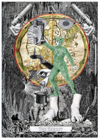 A surreal tarot-style illustration labeled 'IX' and 'The Hermit.' A green hermit figure stands in front of a large circular map-like globe, holding tools, with a top hat, lantern, and mechanical elements around it.