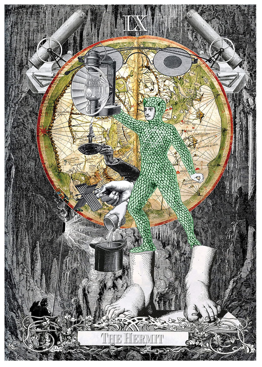 A surreal tarot-style illustration labeled 'IX' and 'The Hermit.' A green hermit figure stands in front of a large circular map-like globe, holding tools, with a top hat, lantern, and mechanical elements around it.