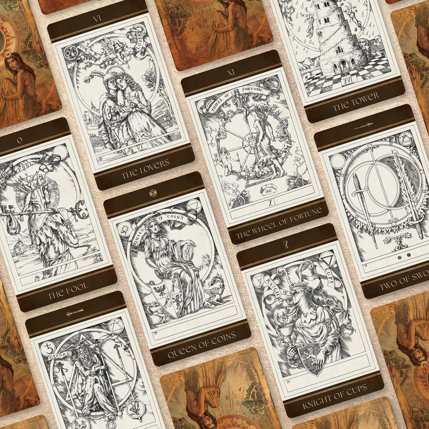 Collection of tarot cards with intricate designs on a textured surface