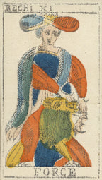Card from a tarot deck featuring a figure with colorful clothing and a headdress, labeled 'Force'.