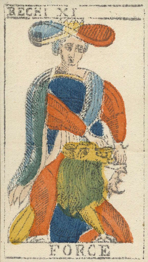 Card from a tarot deck featuring a figure with colorful clothing and a headdress, labeled 'Force'.