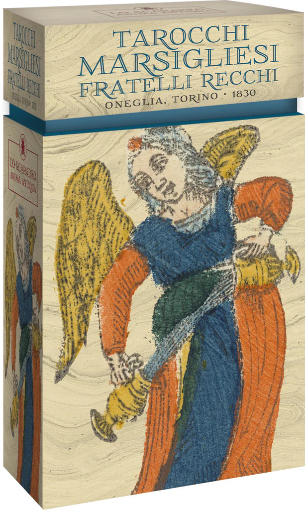 Cardboard box with vintage illustration of an angel and text 'Tarocchichi Marsigliesi Fratelli Recchi' on a beige background.