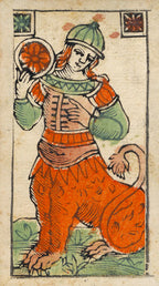 Illustration of a person in medieval attire holding a ball, with decorative elements on a border.