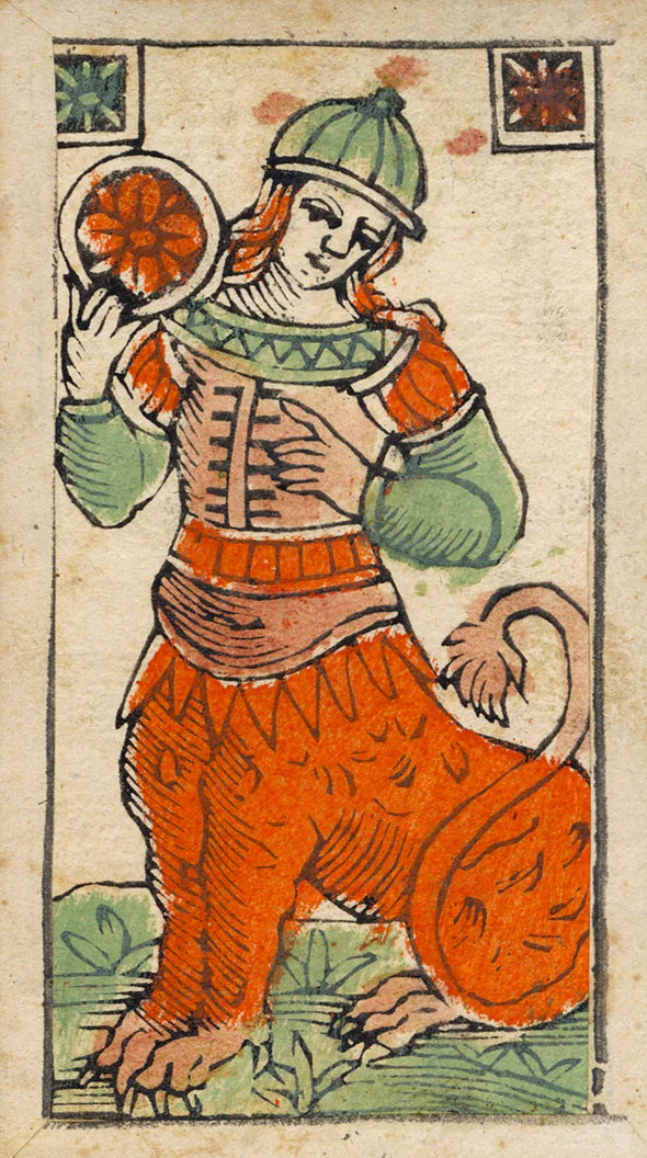 Illustration of a person in medieval attire holding a ball, with decorative elements on a border.