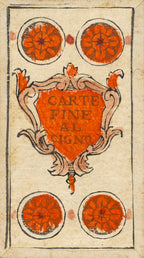 Decorative card with red circular designs and text on a beige background
