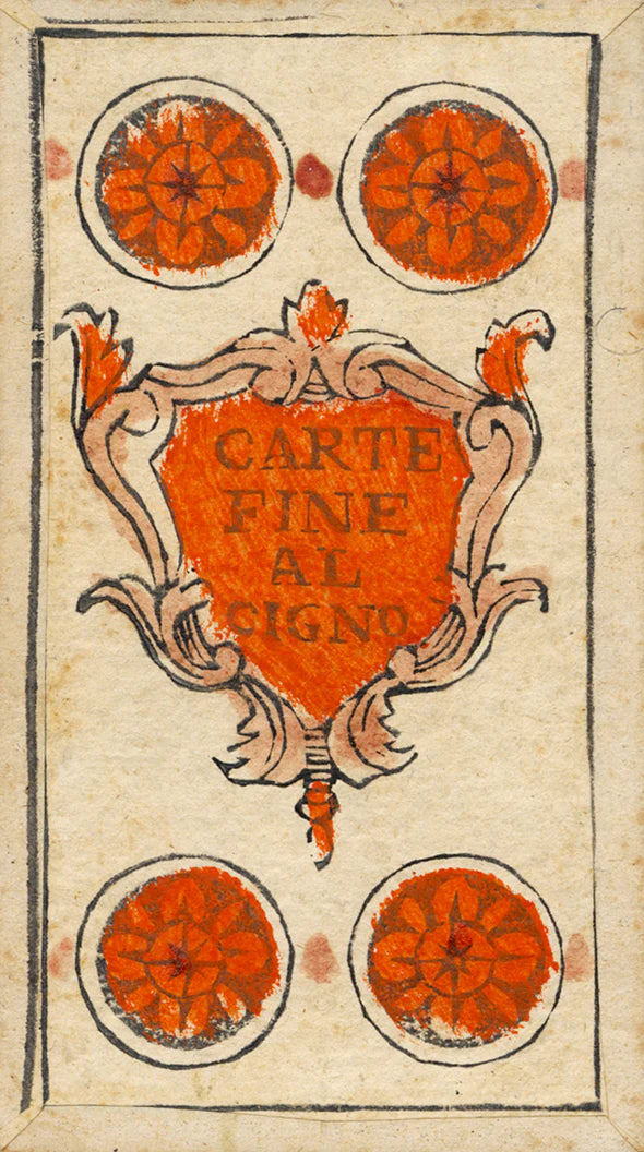 Decorative card with red circular designs and text on a beige background