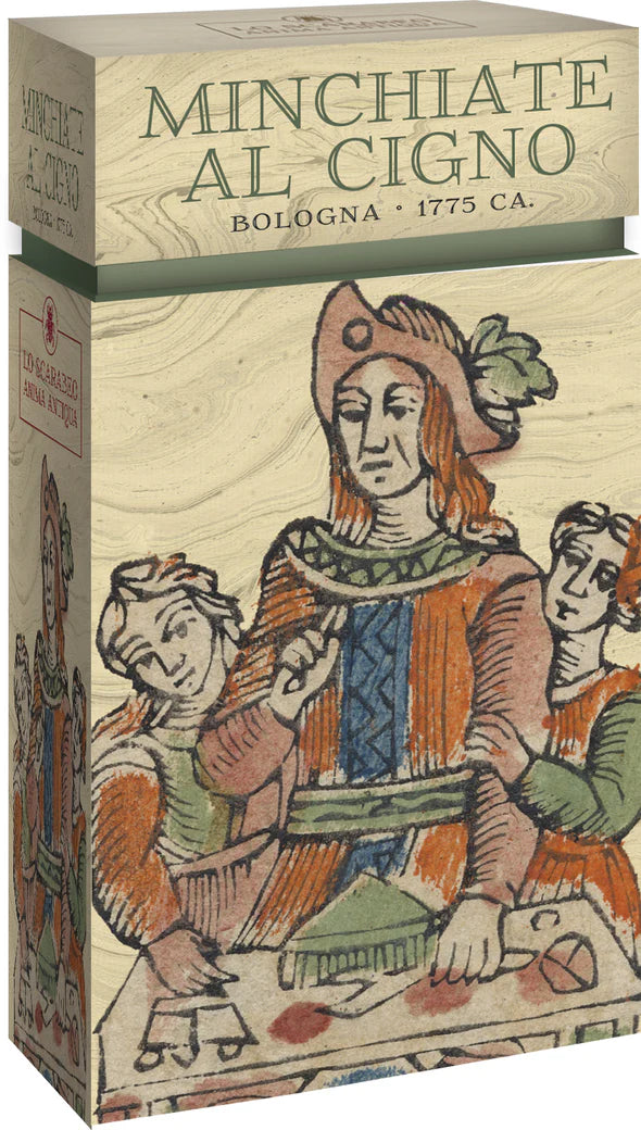 Card game box titled 'Minchiate al Cigno' with vintage illustration on the cover