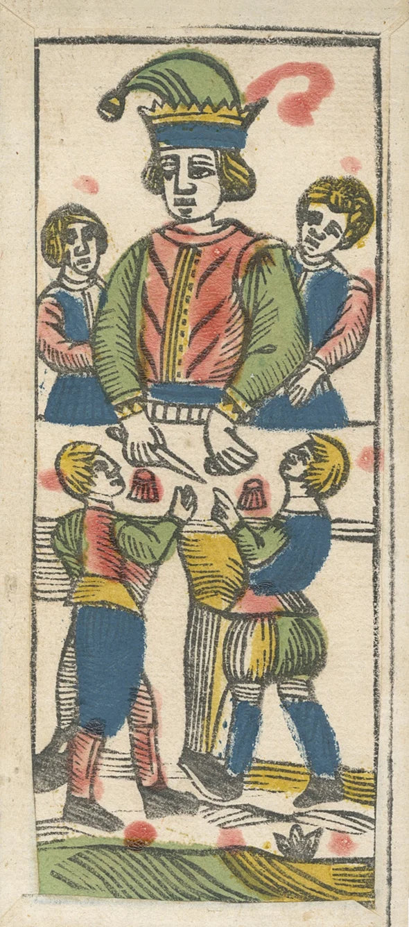 Colorful illustration of a jester with three courtiers from a historical or vintage source.