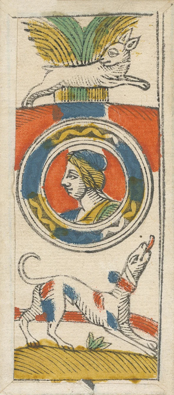 Decorative card with a cat, woman's face, and dog on a colorful background