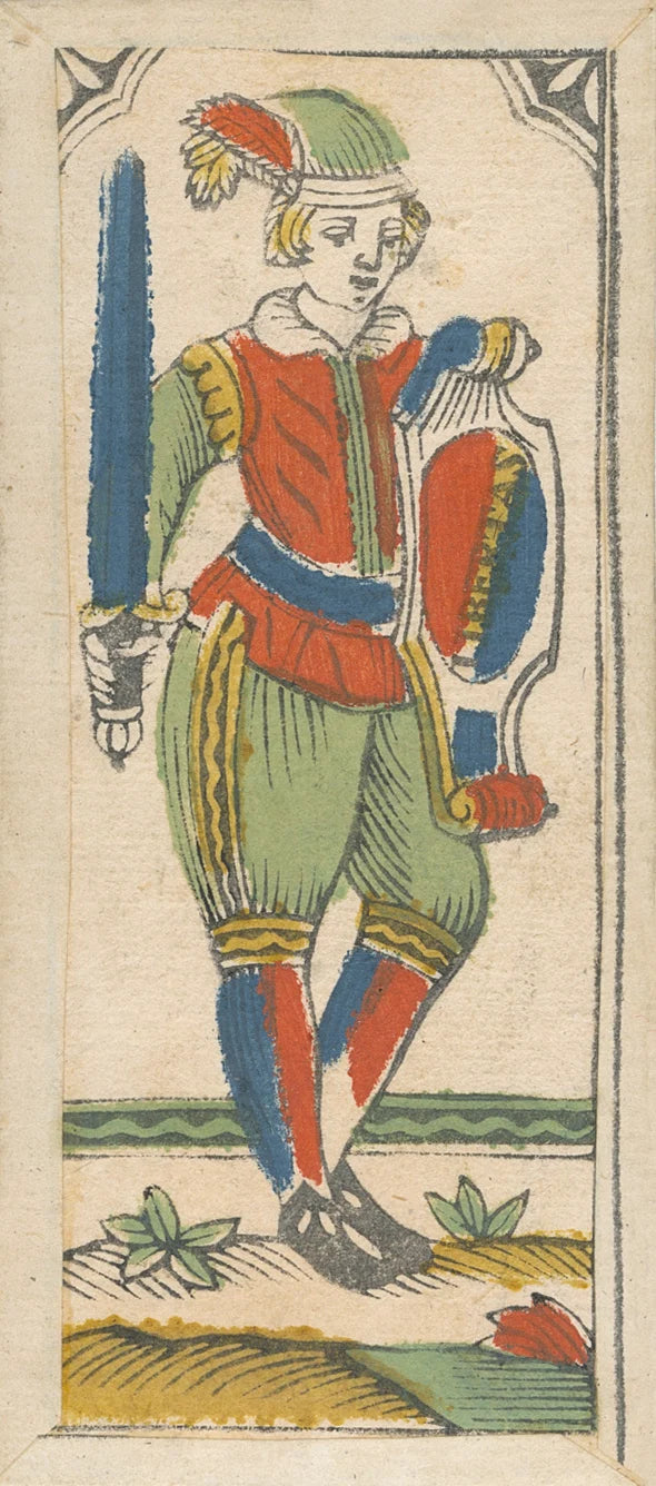 A vintage woodcut-style illustration of a medieval knight in red, green, blue, and gold clothing, holding a sword and shield, printed on aged beige paper.