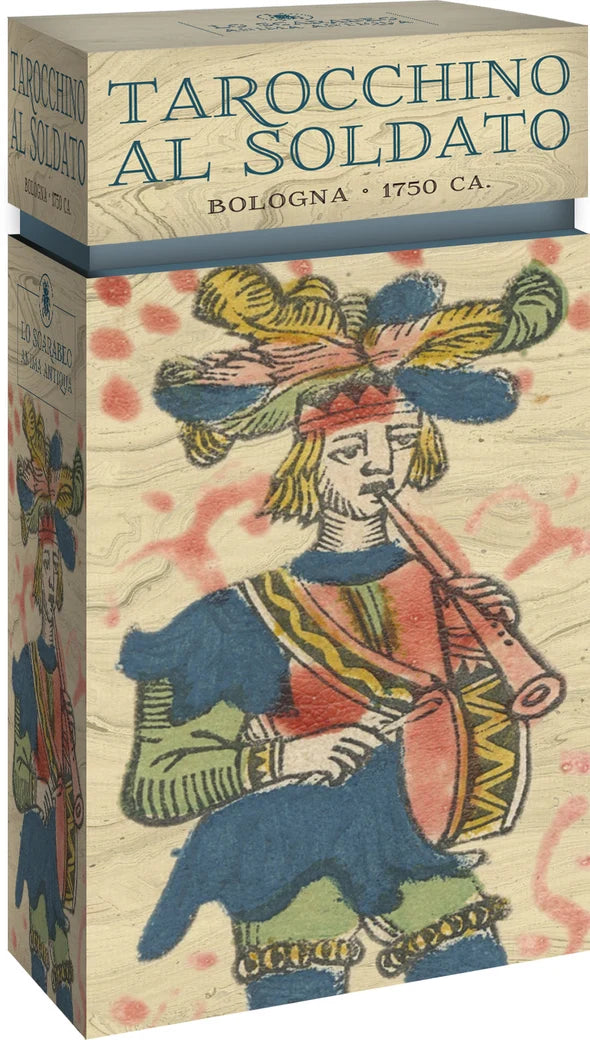 A boxed product labeled 'TAROCCHINO AL SOLDATO' with 'BOLOGNA • 1750 CA.' on the top panel.