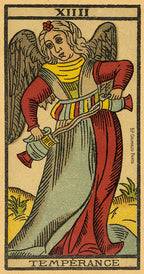 Tarot card featuring an angelic figure with wings, holding a pitcher and sword, labeled 'XIII Temperance'.
