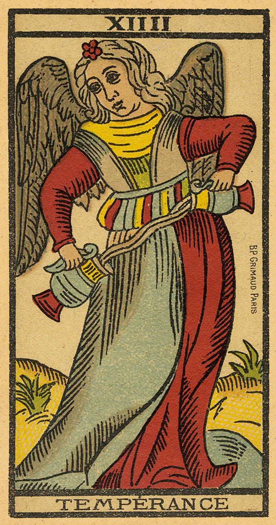 Tarot card featuring an angelic figure with wings, holding a pitcher and sword, labeled 'XIII Temperance'.