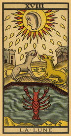 Vintage tarot card featuring two wolves and a lobster with a moon and sun illustration above them.