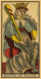 Vintage-style card featuring a woman with a crown and scepter, labeled 'Reyne de Baton'.