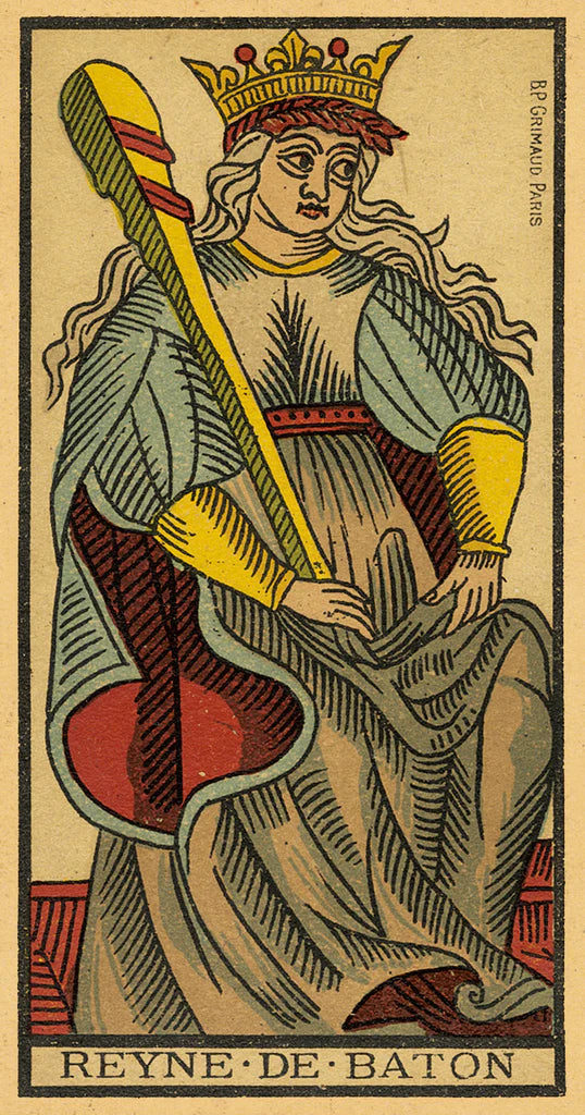 Vintage-style card featuring a woman with a crown and scepter, labeled 'Reyne de Baton'.
