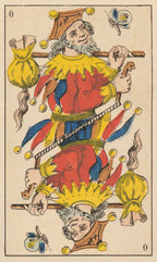 Card from a tarot deck featuring a jester character with colorful attire and accessories.