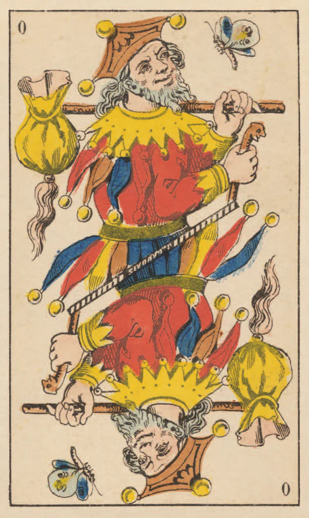 Card from a tarot deck featuring a jester character with colorful attire and accessories.