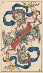 Colorful illustration of a mythological figure with arrows and a head, from a deck of cards.