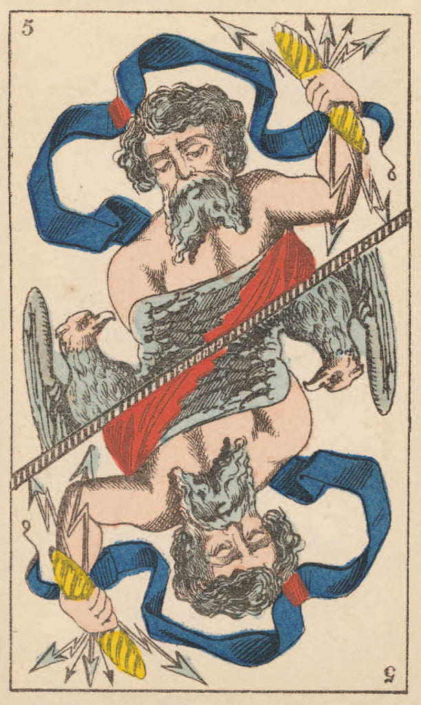 Colorful illustration of a mythological figure with arrows and a head, from a deck of cards.