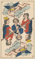 Vintage illustration of a tarot card with figures and cherubs in a clouded sky