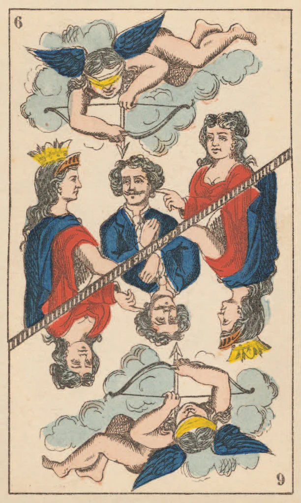 Vintage illustration of a tarot card with figures and cherubs in a clouded sky