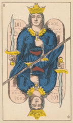 Card from a tarot deck featuring a figure in blue robes with a sword and scales, holding a book titled 'Code'.