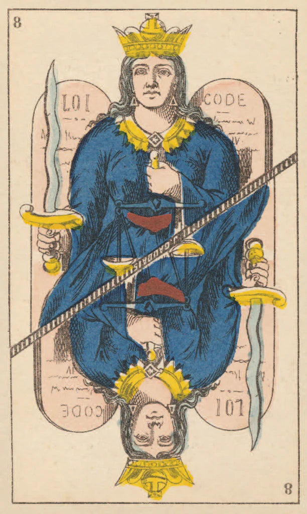 Card from a tarot deck featuring a figure in blue robes with a sword and scales, holding a book titled 'Code'.