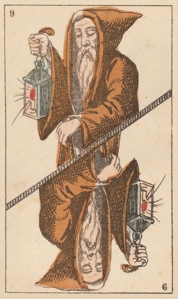 Illustration of a monk with lanterns from a historical or religious text.
