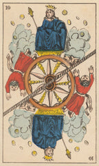 Card from a tarot deck with a central wheel, person in blue robe, and two red-robed figures on a beige background.