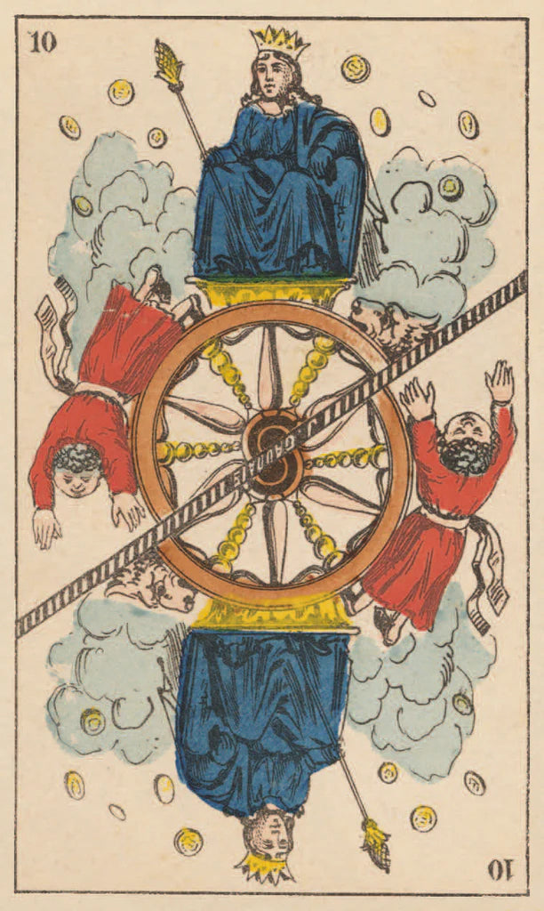 Card from a tarot deck with a central wheel, person in blue robe, and two red-robed figures on a beige background.