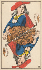 Card from a tarot deck with a person holding a lion, red hat, and blue outfit.