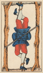 Illustration of a person hanging from a noose between two trees, with a blue coat and red pants.