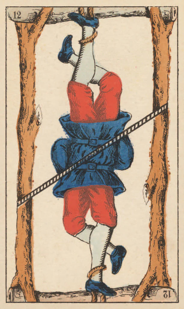 Illustration of a person hanging from a noose between two trees, with a blue coat and red pants.