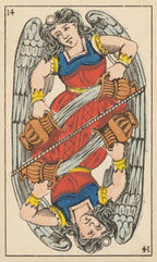 Card from a tarot deck featuring an angel with a sword and a head in her hand, on a beige background.