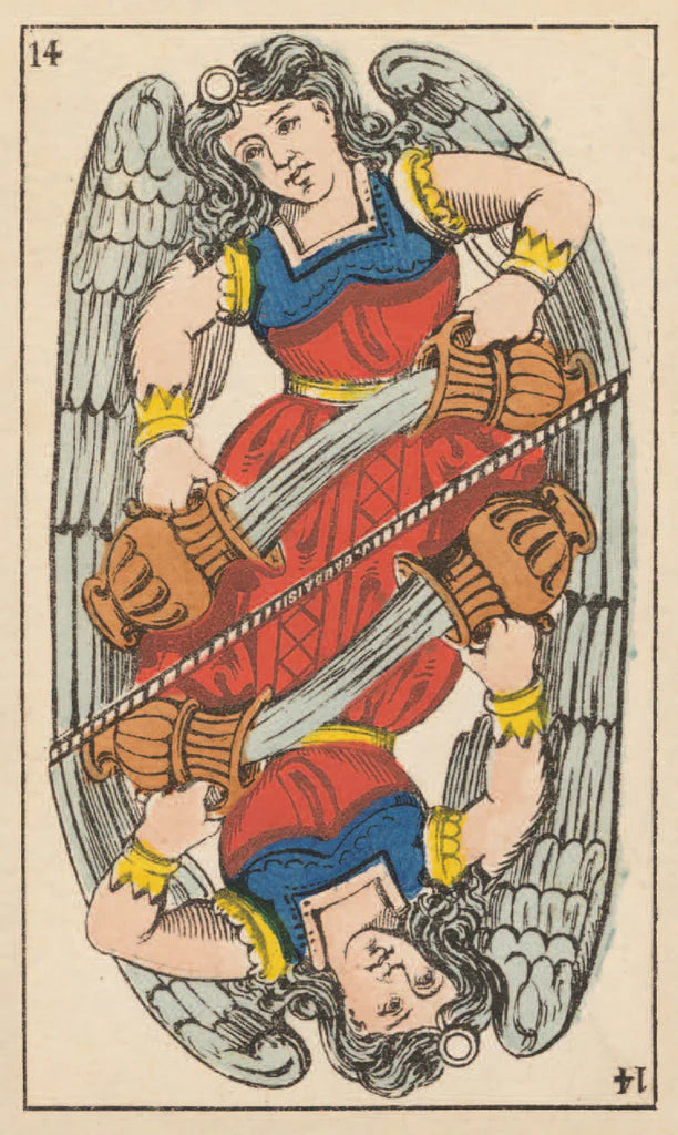 Card from a tarot deck featuring an angel with a sword and a head in her hand, on a beige background.
