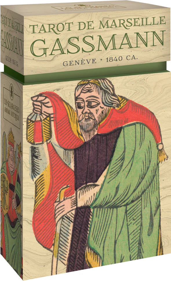 Tarot de Marseille Gassmann box with illustrated figure on a white background